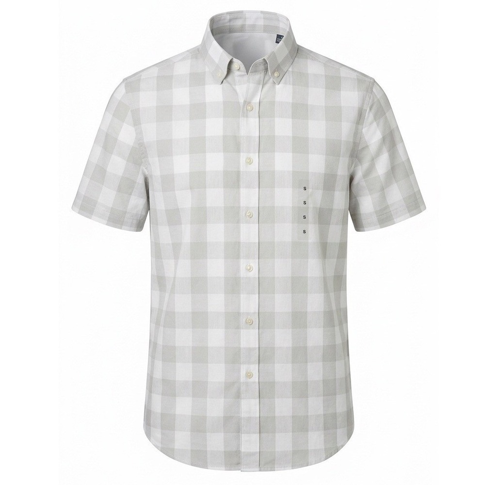 Club Room Mens Beige White Buffalo Check Short Sleeve Button Down Shirt Small